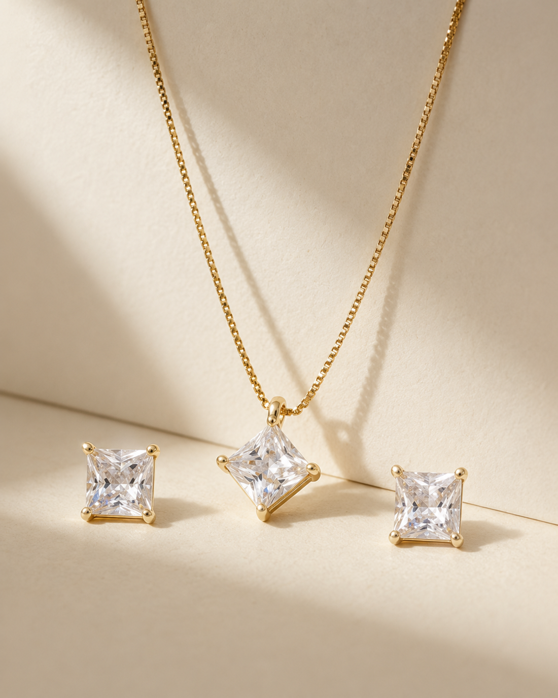 Elegant Princess Cut Crystal Pendant Necklace &amp; Stud Earrings Set | Gold-Plated Minimalist Jewelry for Women
