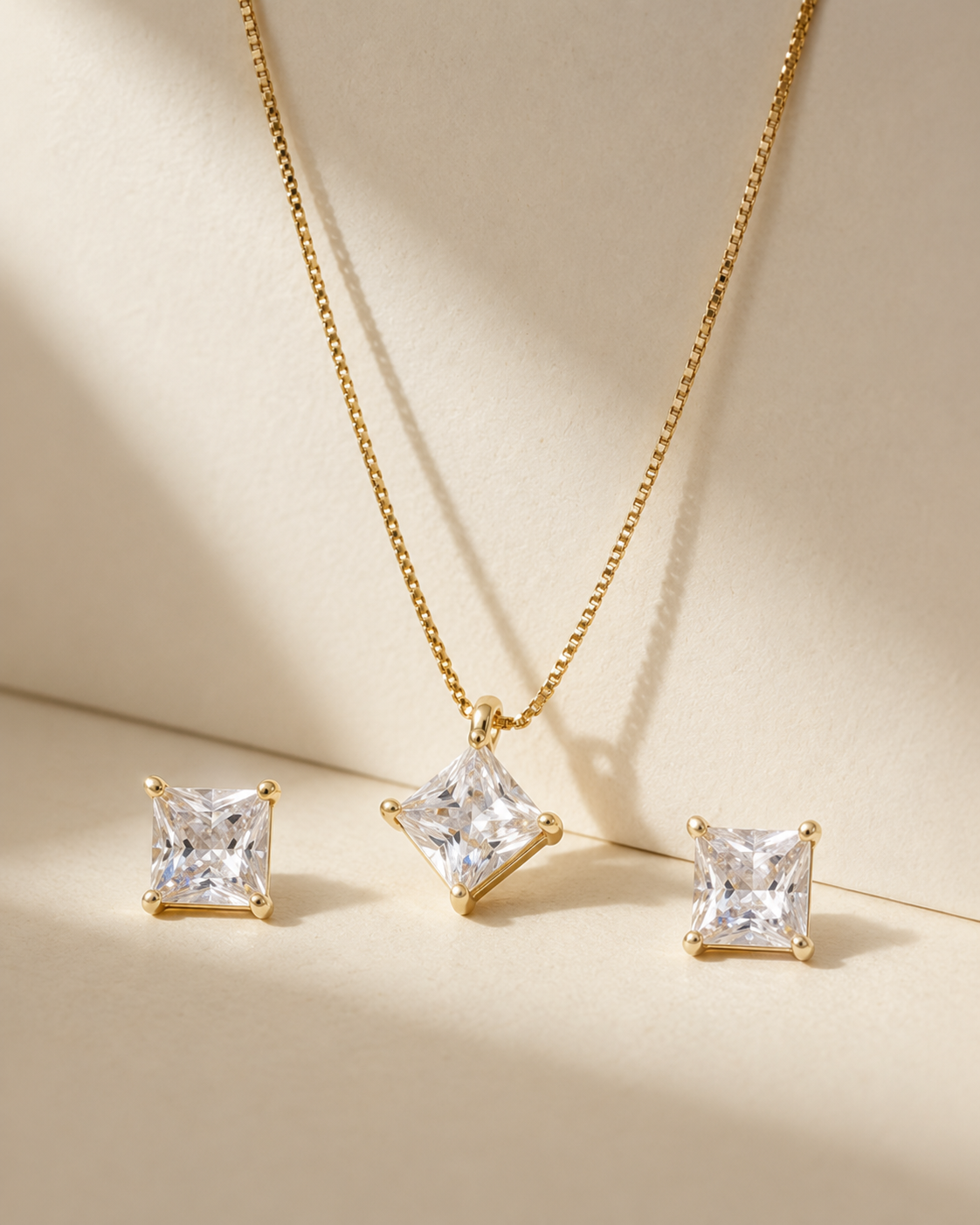 Elegant Princess Cut Crystal Pendant Necklace &amp; Stud Earrings Set | Gold-Plated Minimalist Jewelry for Women