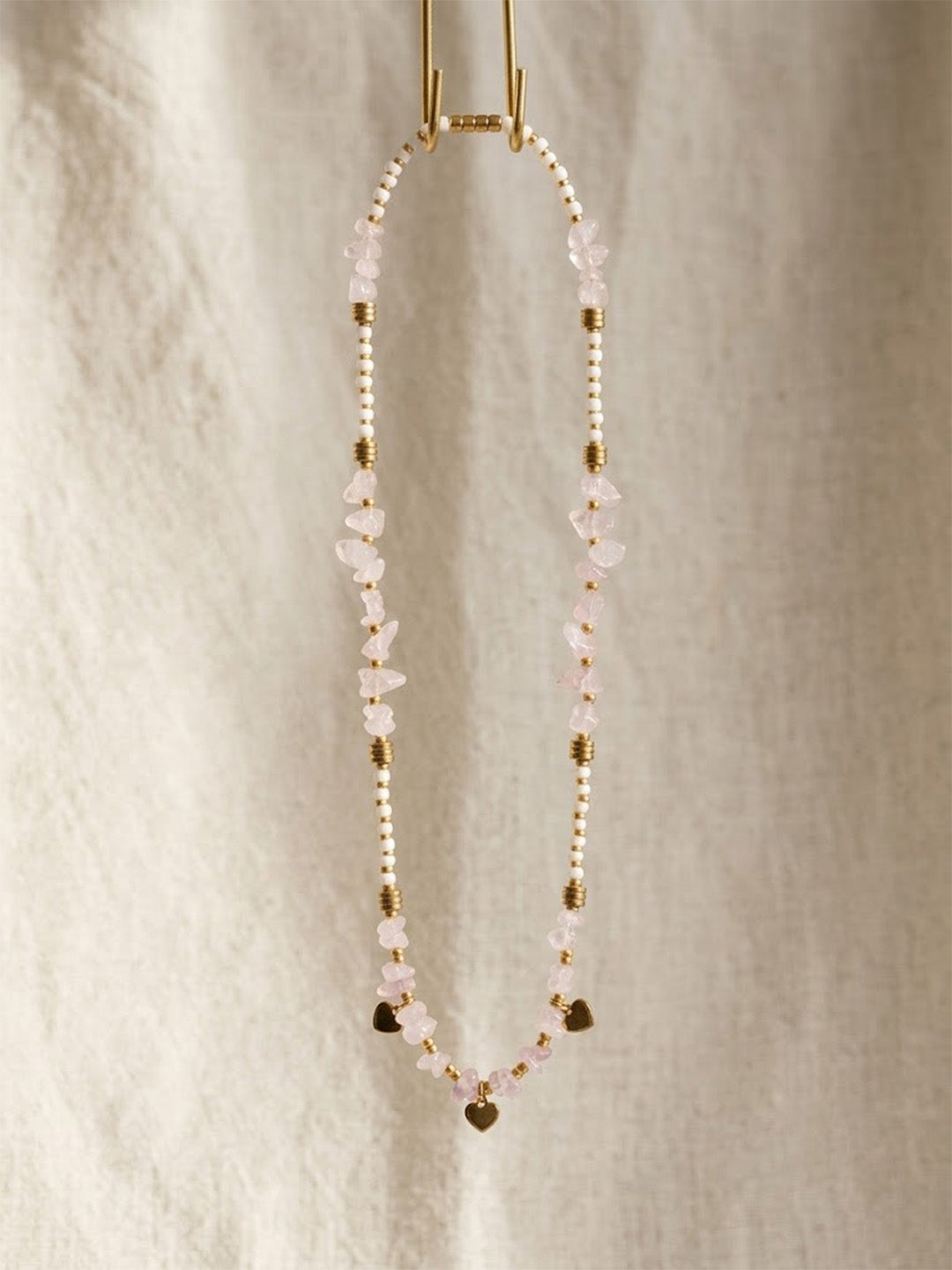 Rose Quartz Heart Charm Beaded Necklace – Gold-Tone Dainty Necklace