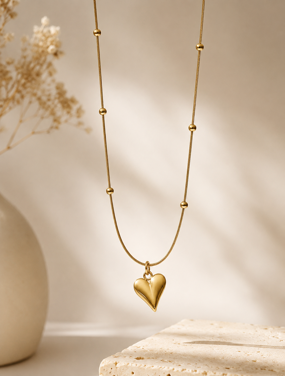 Gold Heart Pendant Necklace – 18K Gold Plated | Elegant Beaded Chain Necklace