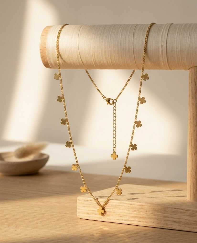 18K Gold Plated Multi Clover Charm Choker Necklace | Delicate Solid Four-Leaf Clover Drop Chain