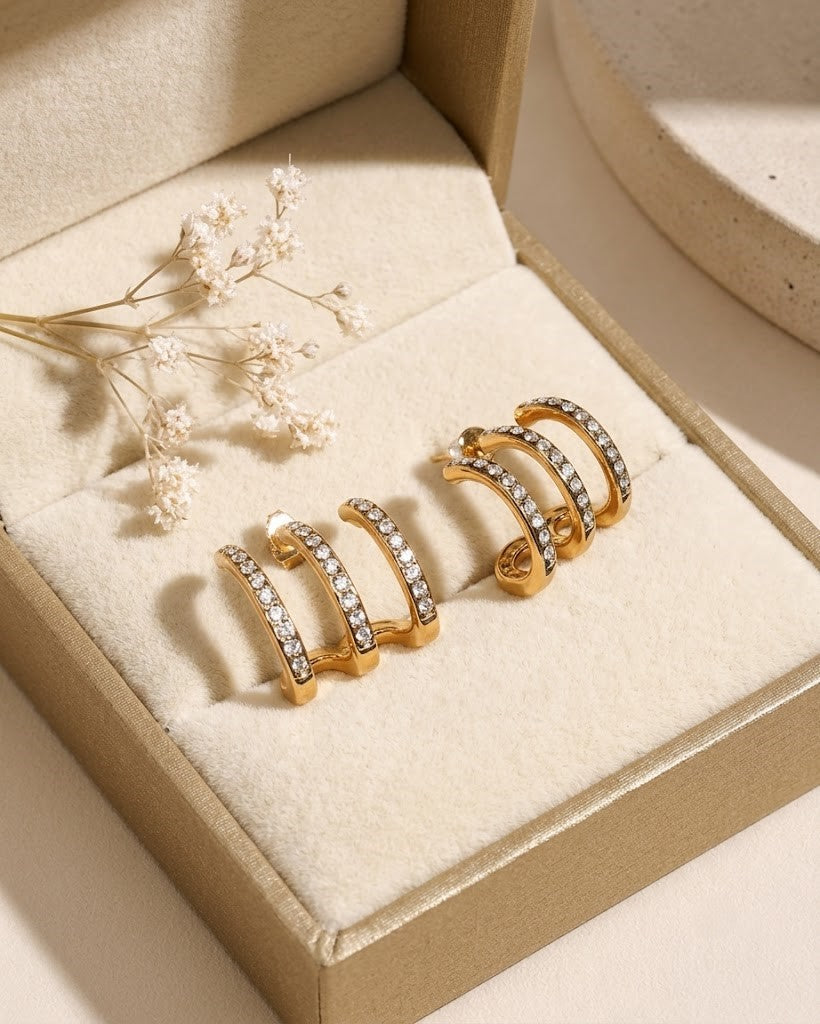 18K Gold Plated Triple Row Diamond Hoop Earrings