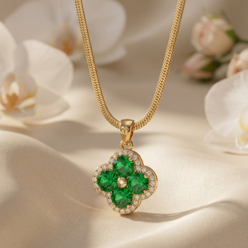 18K Gold Plated Emerald Green Crystal Clover Pendant Necklace | Flat Herringbone Snake Chain for Women
