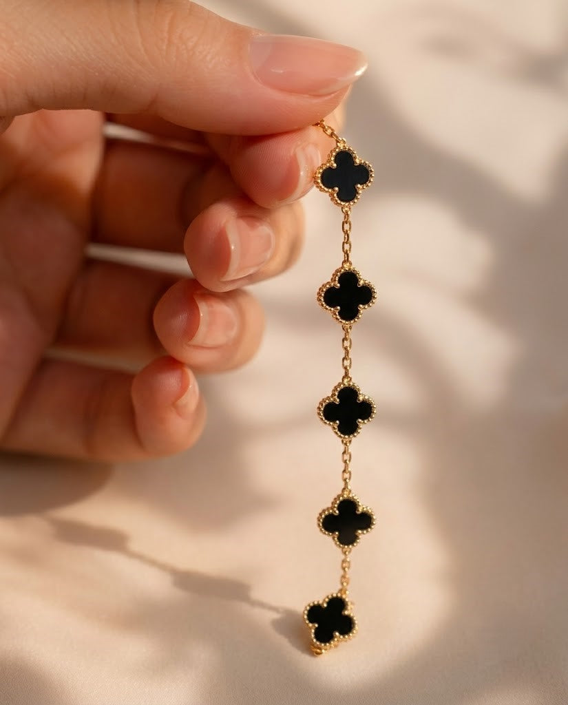 18K Gold Plated Four Leaf Lucky Flower Charm Bracelet | Elegant Black Motif Wristband for Women