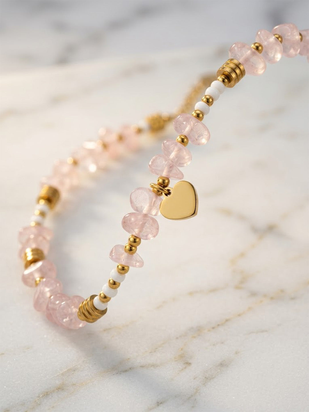 Natural Light Pink Quartz Crystal Chip Anklet with Gold Heart Charm – Waterproof Beachwear