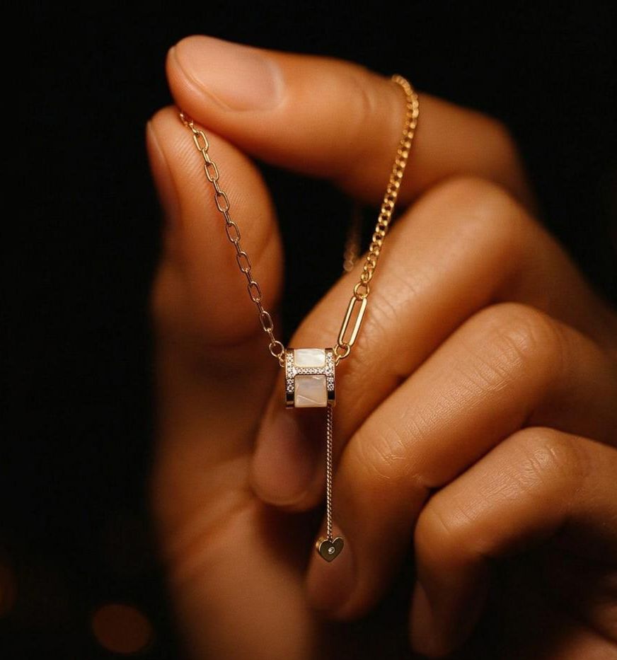 Prifine gold adjustable slider necklace featuring a delicate heart charm on a sleek chain.