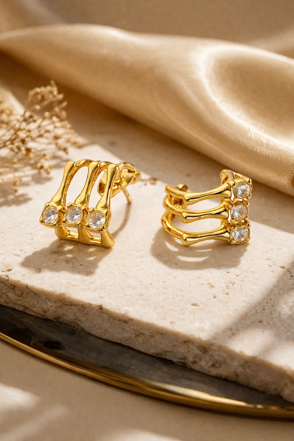Prifine triple spiral crystal studs earrings featuring three intertwined spiral designs with sparkling crystals.