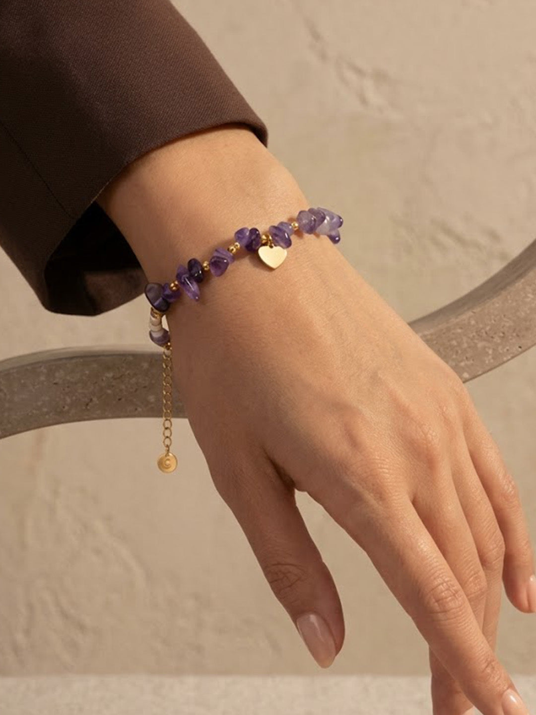 Raw Amethyst Gemstone Beaded Bracelet with Gold Heart Charm &amp; Gold-Tone Accent Spacers