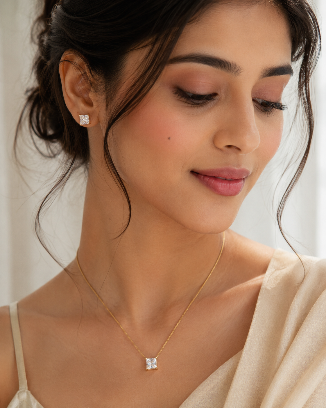 Elegant Princess Cut Crystal Pendant Necklace &amp; Stud Earrings Set | Gold-Plated Minimalist Jewelry for Women