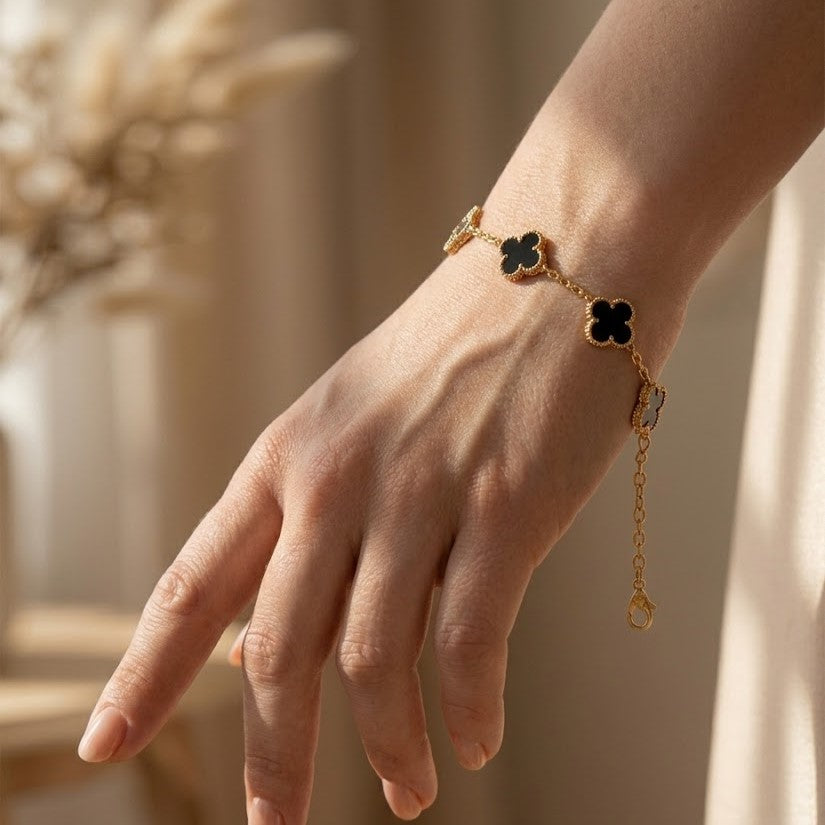 18K Gold Plated Four Leaf Lucky Flower Charm Bracelet | Elegant Black Motif Wristband for Women