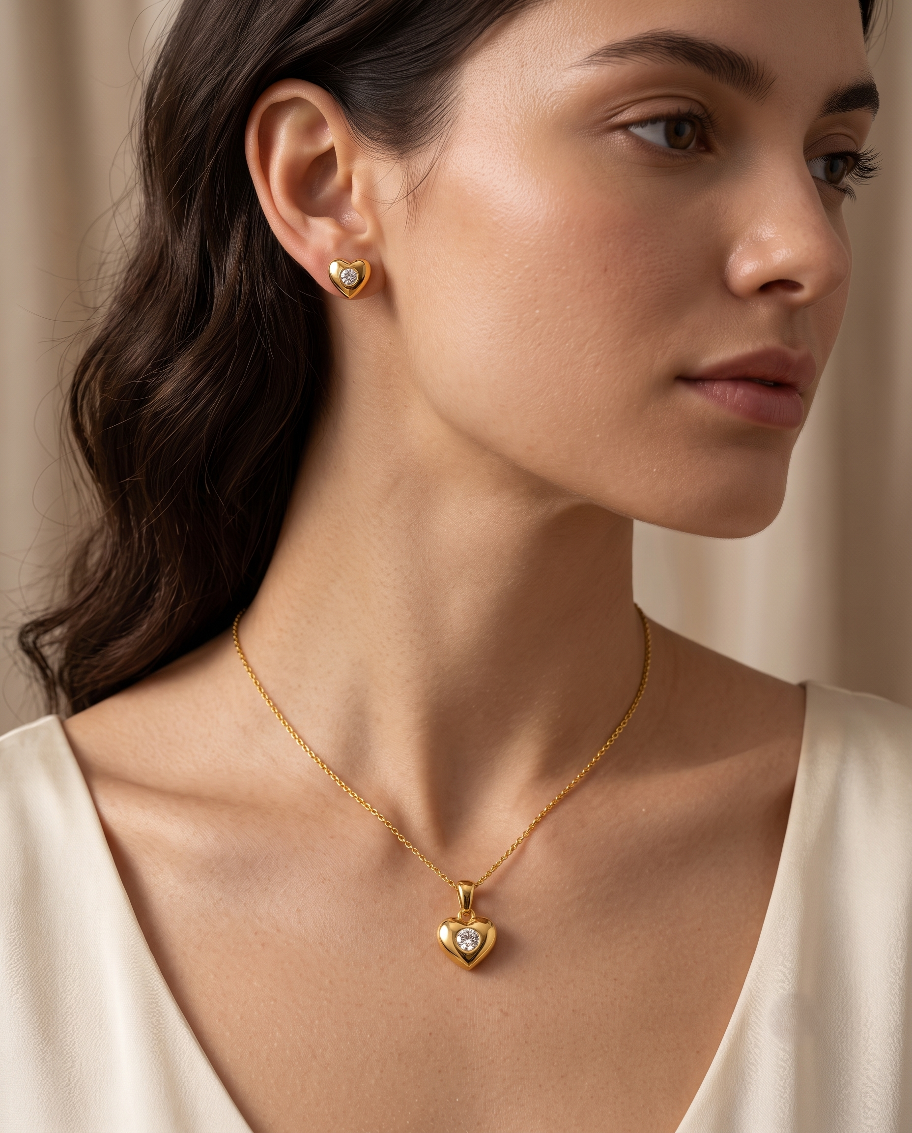 Gold Heart Pendant Necklace &amp; Stud Earrings Set for Women | Crystal Gold-Plated Jewelry Set