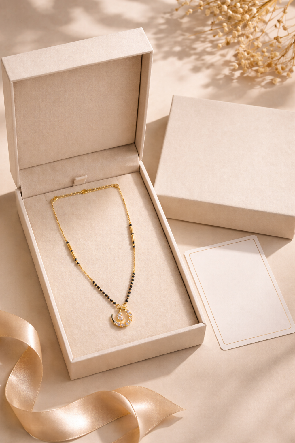 Prifine Moonlight Spark Mangalsutra featuring a delicate chain with a moonlight-inspired pendant and sparkling embellishments.