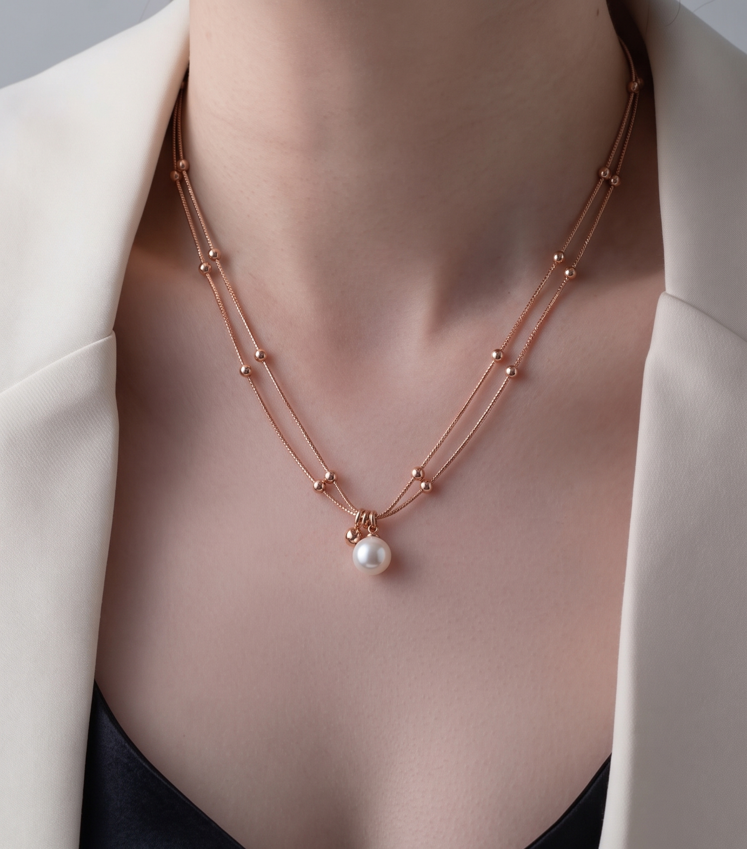 Rose gold double-strand pearl and bead necklace by Prifine, featuring elegant pearls and sparkling beads on a delicate chain