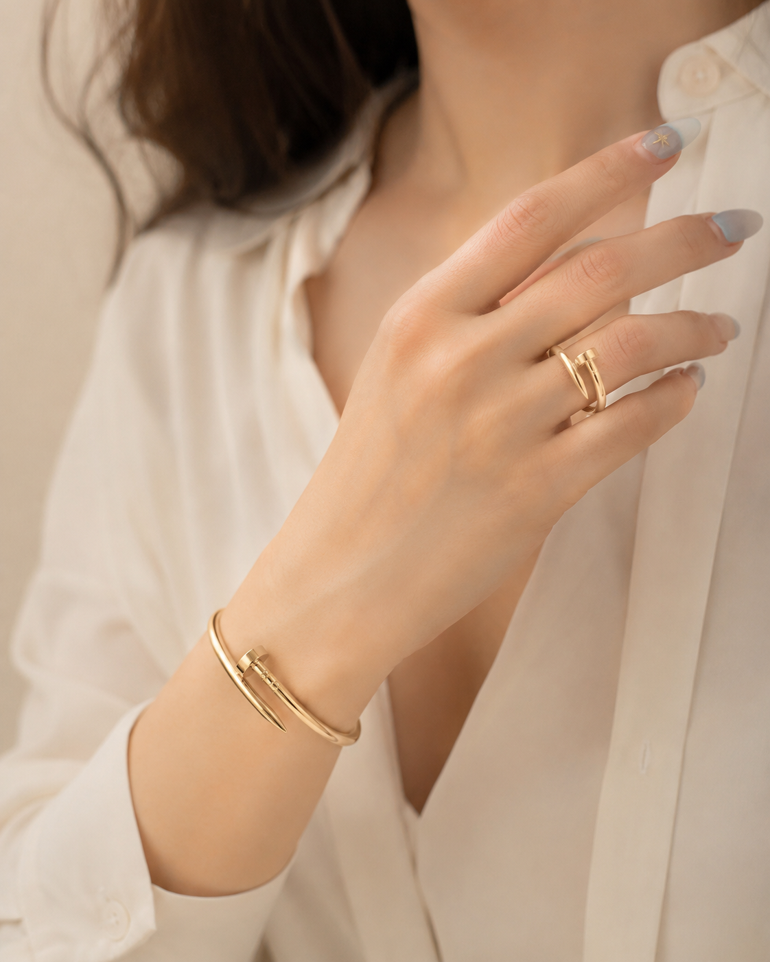 Minimalist Gold Nail Bracelet &amp; Adjustable Nail Ring Set for Women