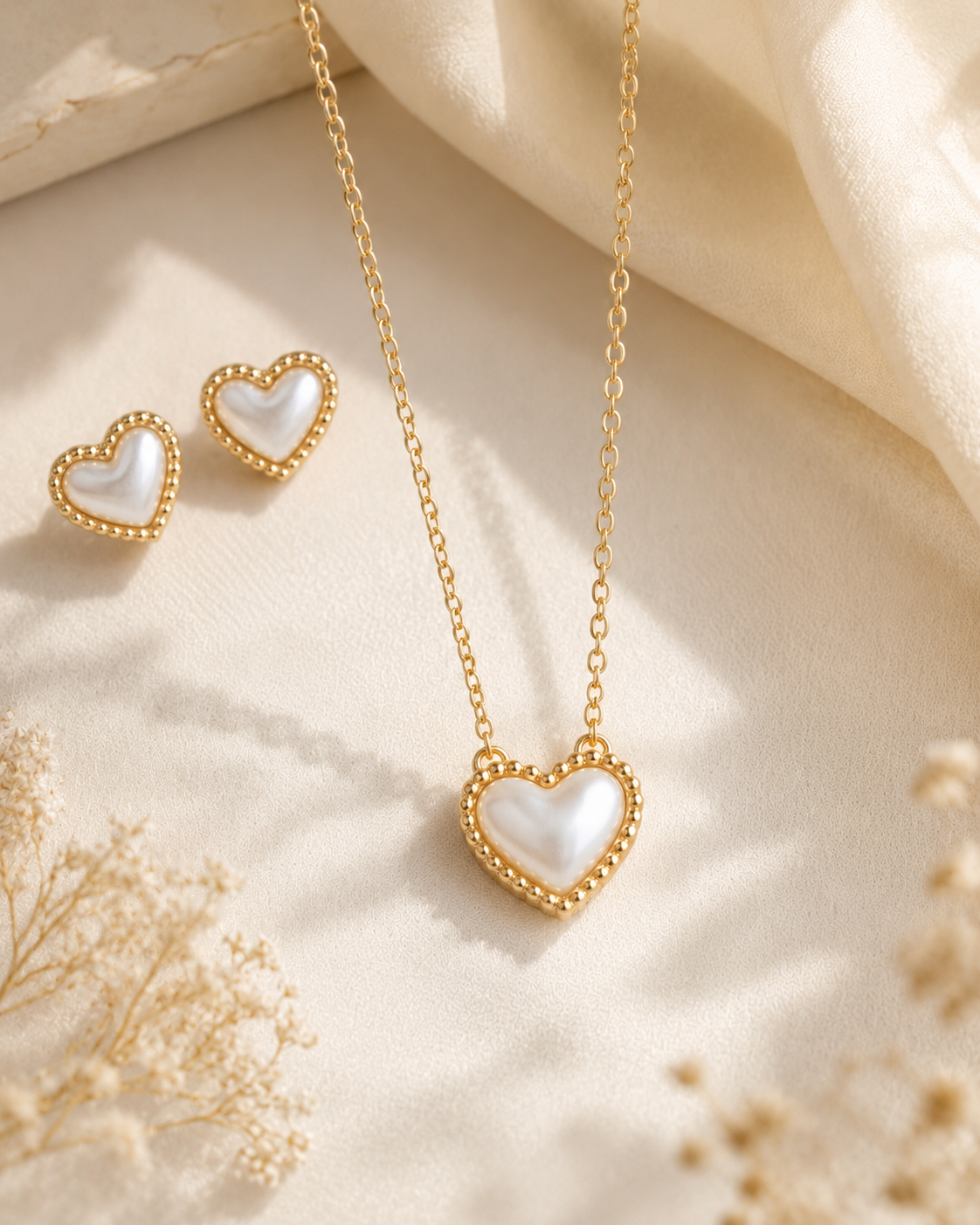 Gold Heart Necklace &amp; Stud Earrings Set with White Pearl Accent | Elegant Gold-Plated Jewelry for Women