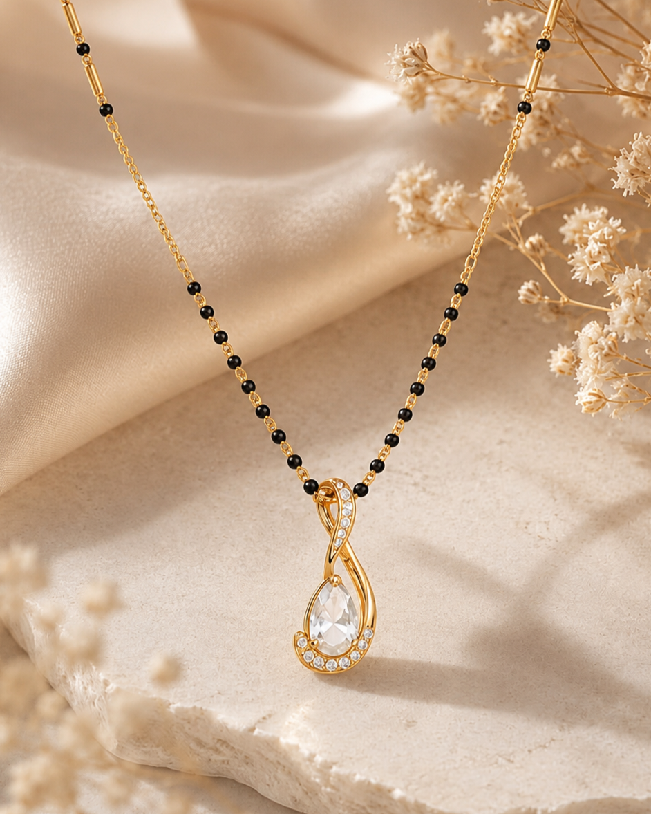 Gold Plated Mangalsutra Necklace with Crystal Teardrop Pendant for Women