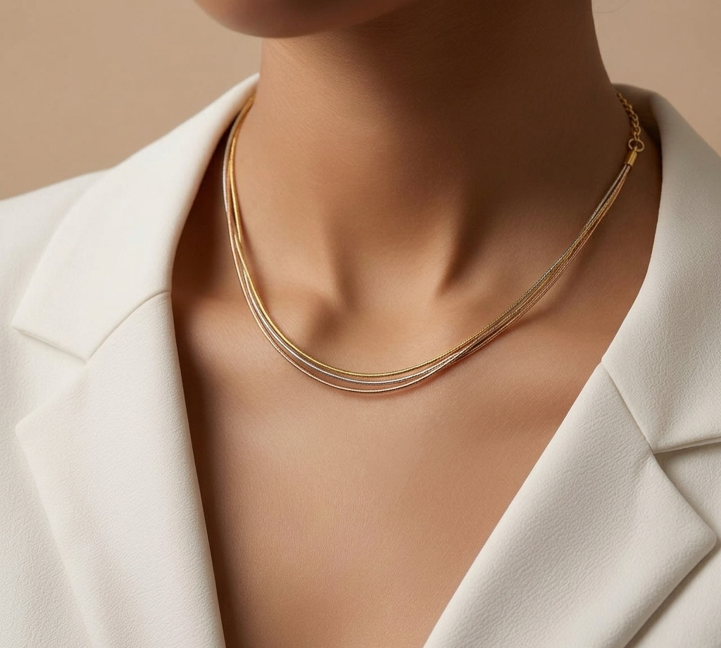 Prifine Tri-Tone 18k gold plated multi-strand liquid chain necklace with layered design and shiny finish.
