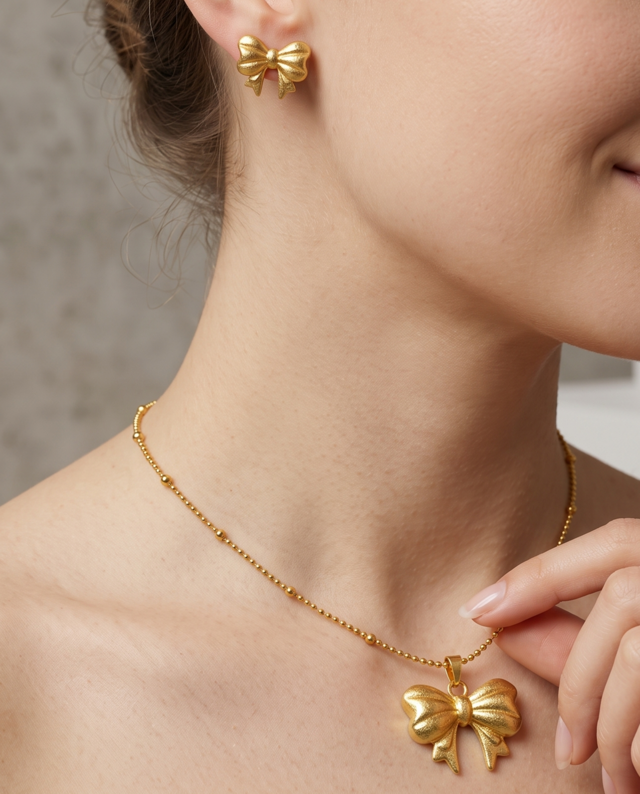 Gold Bow Pendant Necklace &amp; Stud Earrings Set for Women | Elegant Gold-Plated Bow Jewelry Set