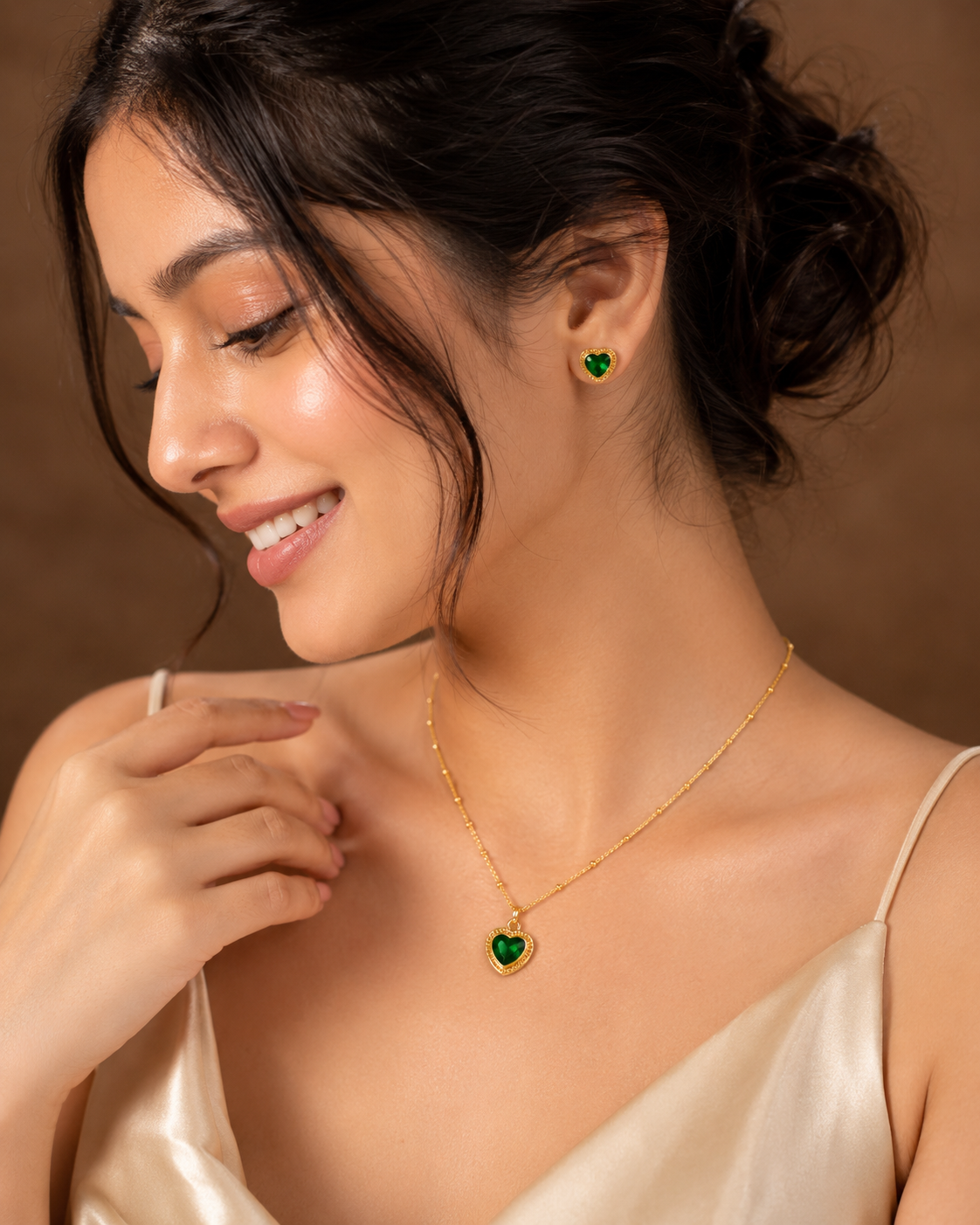 Emerald Green Heart Pendant Necklace &amp; Earrings Set for Women | Gold-Plated Crystal Jewelry Set