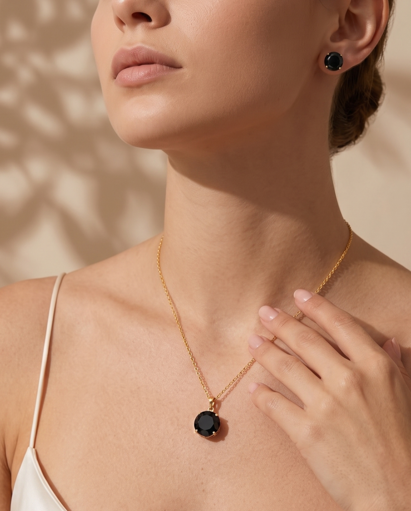 Black Crystal Pendant Necklace &amp; Stud Earrings Set for Women | Gold-Plated Elegant Jewelry Set