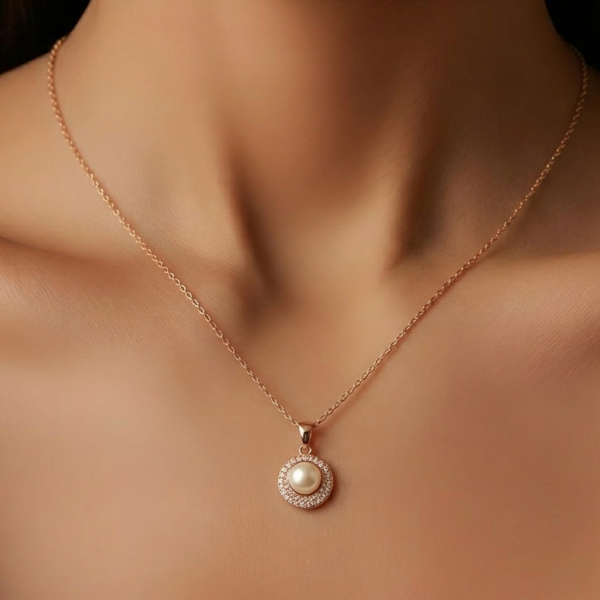 Prifine 18k gold plated pearl halo pendant necklace featuring a central pearl surrounded by a delicate gold halo.