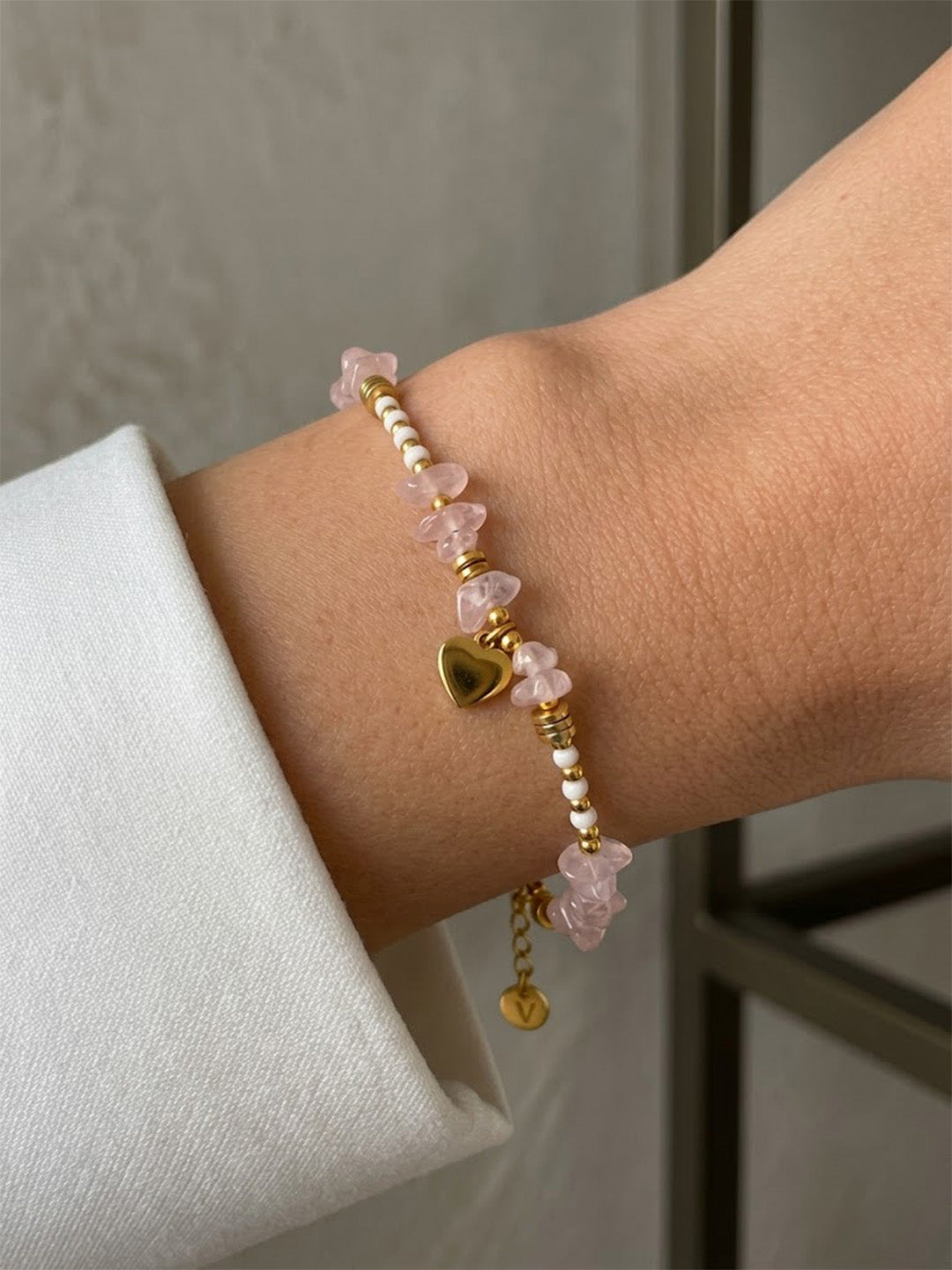 Boho Light Pink Rose Quartz &amp; White Seed Bead Bracelet – Tarnish-Resistant Summer Wristwear