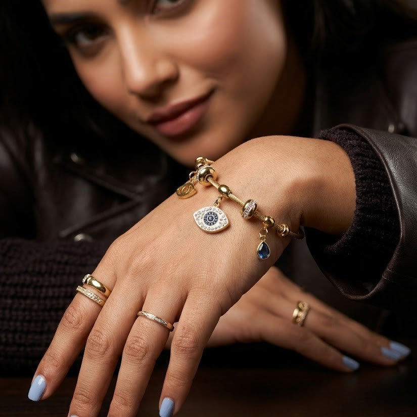 18K Gold Plated Evil Eye Twisted Wire Bracelet, Sparkling Blue Crystal Protection Bangle for Women