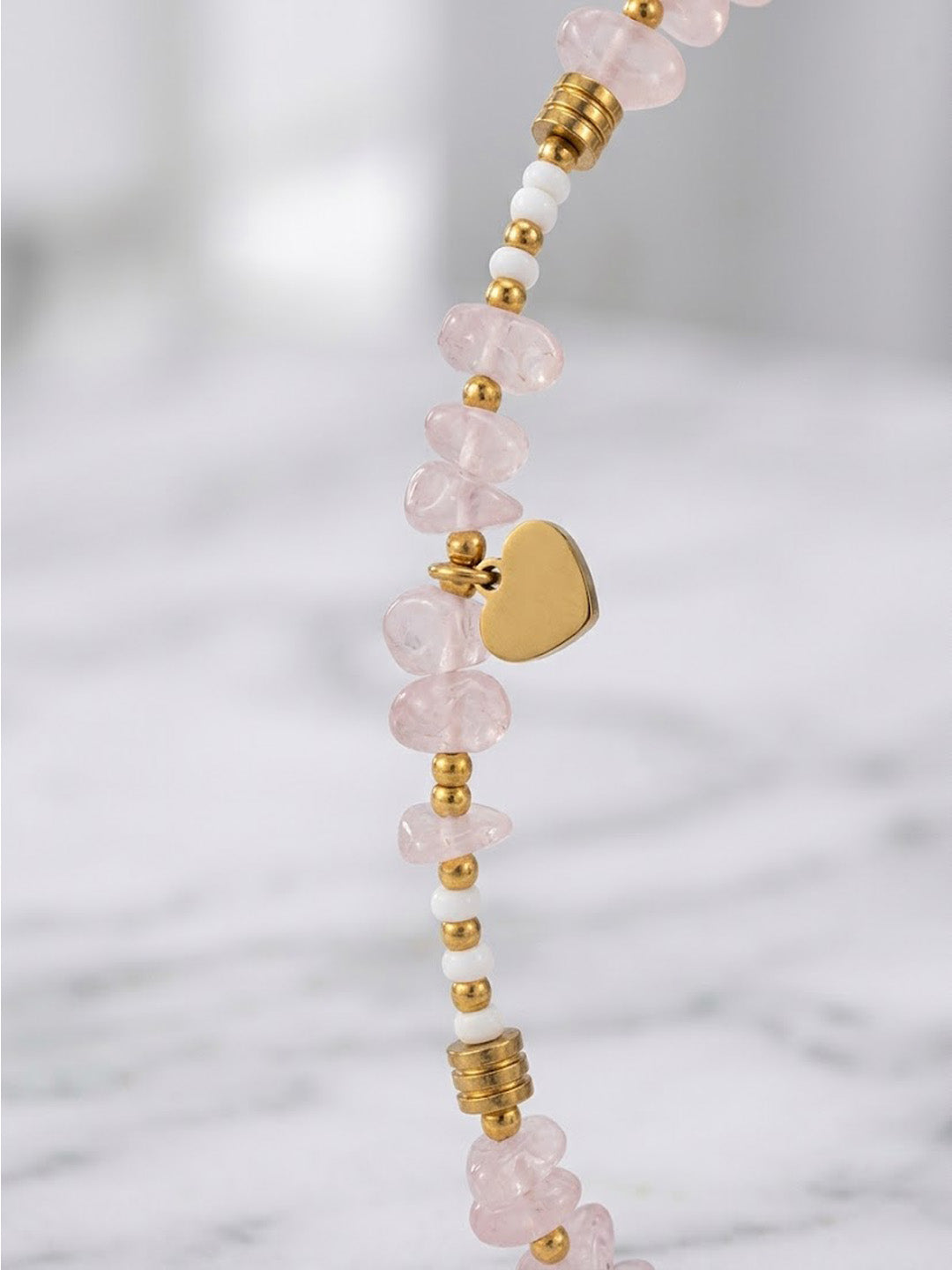 Natural Light Pink Quartz Crystal Chip Anklet with Gold Heart Charm – Waterproof Beachwear