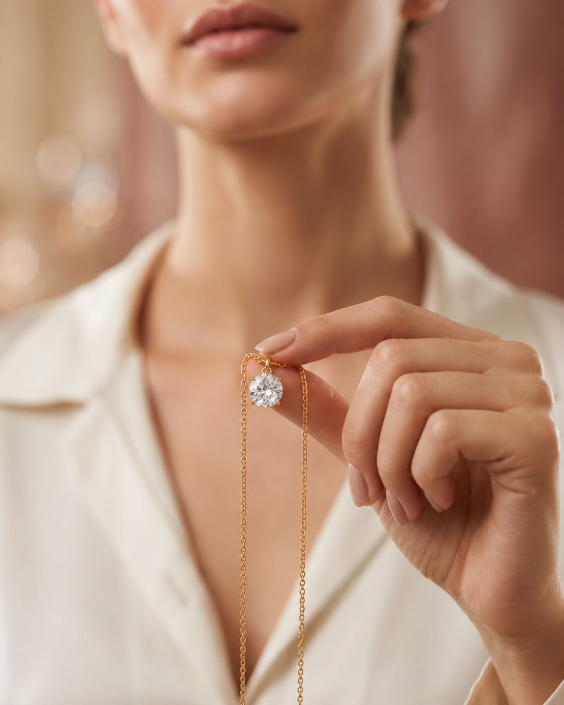 Round Solitaire Crystal Pendant Necklace &amp; Stud Earrings Set for Women | Gold-Plated Jewelry Set