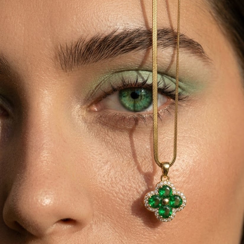 18K Gold Plated Emerald Green Crystal Clover Pendant Necklace | Flat Herringbone Snake Chain for Women