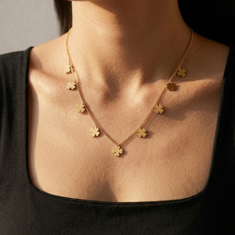 18K Gold Plated Multi Clover Charm Choker Necklace | Delicate Solid Four-Leaf Clover Drop Chain