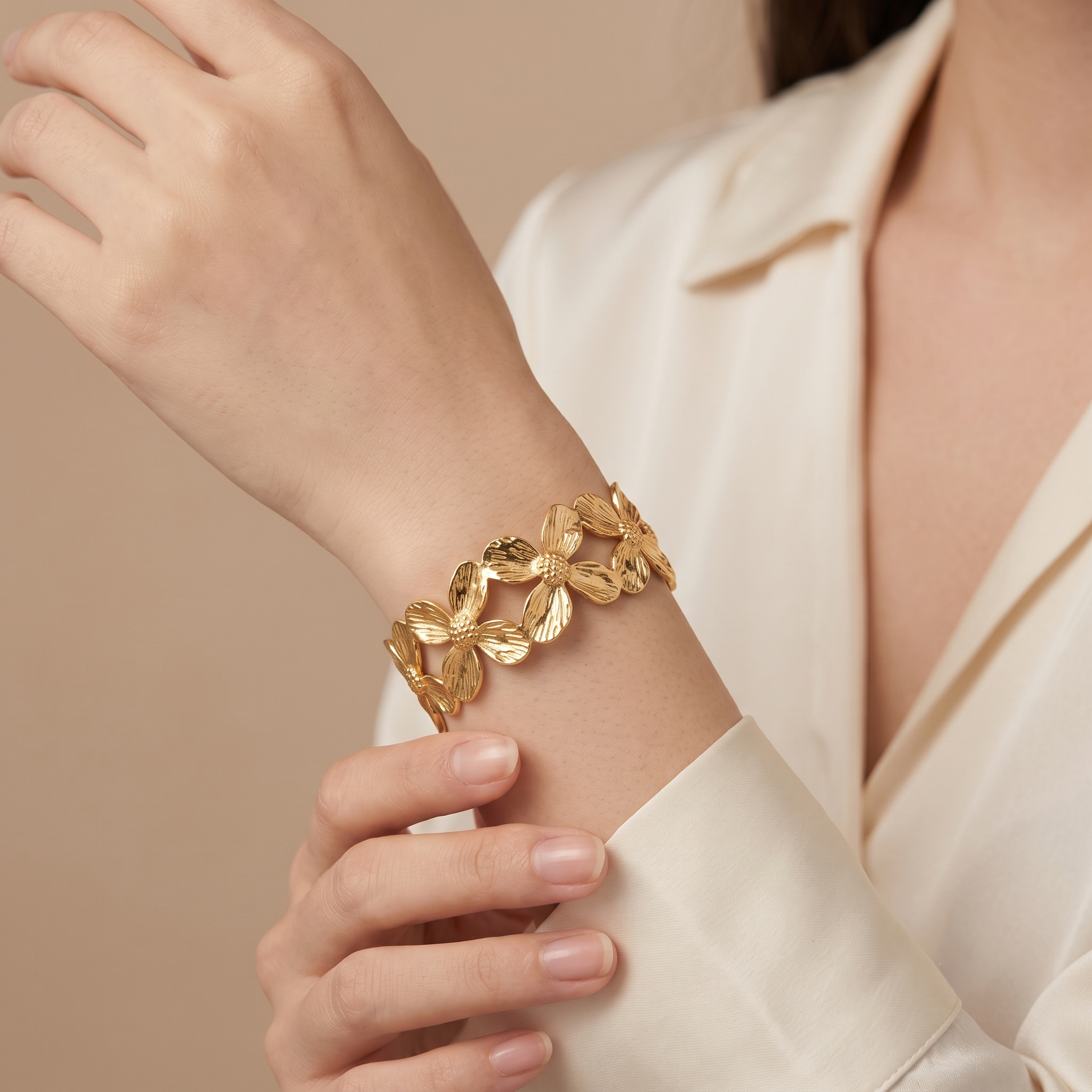 Floral Bloom Gold Cuff Bracelet for Women | Elegant Statement Open Bangle | Anti-Tarnish | Adjustable Fit