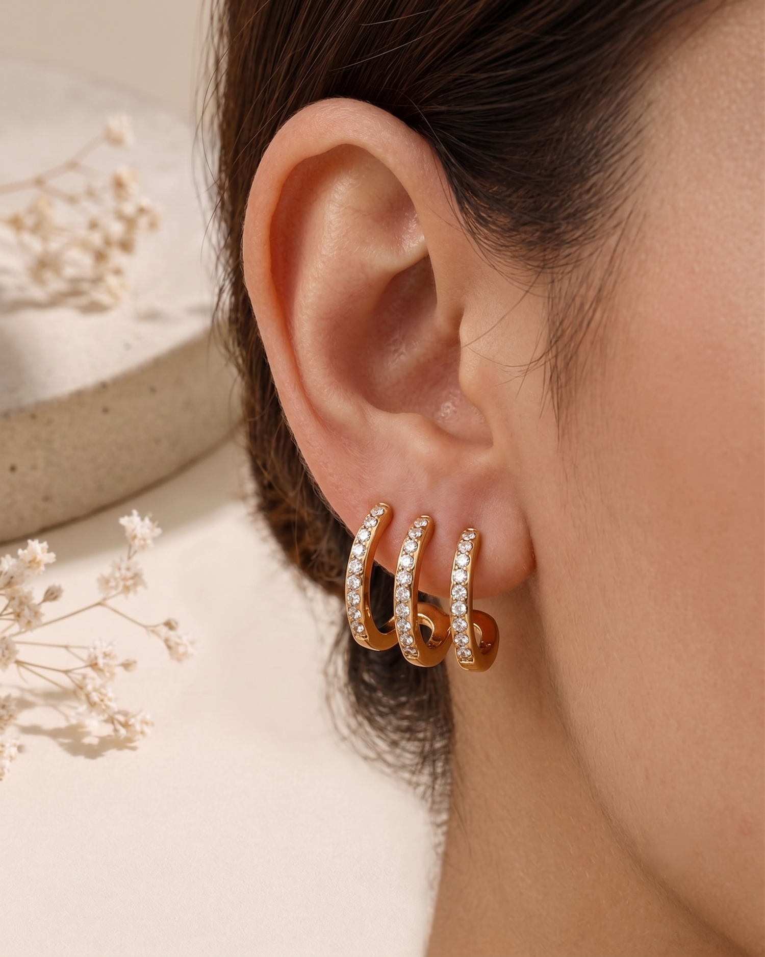 18K Gold Plated Triple Row Diamond Hoop Earrings