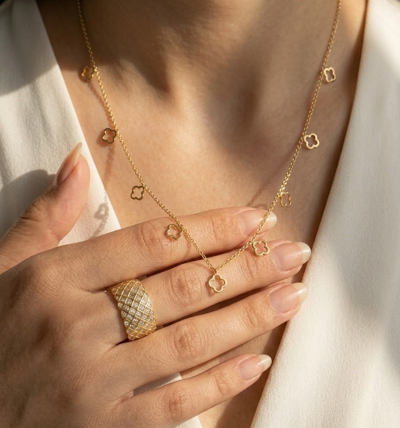 18K Gold Plated Openwork Clover Dangle Chain Necklace