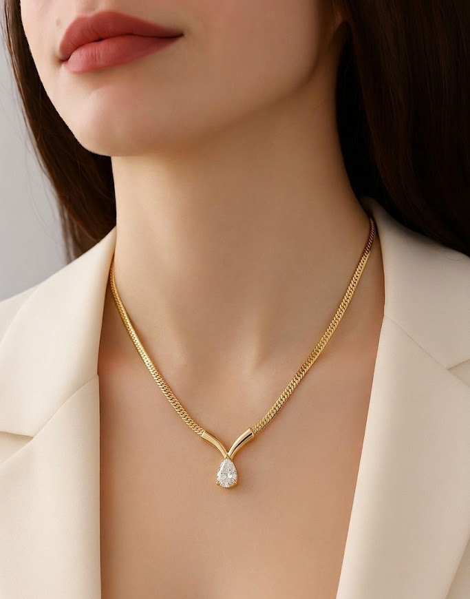 Prifine 18k gold plated teardrop pendant herringbone necklace with sleek, shiny design on a delicate chain.