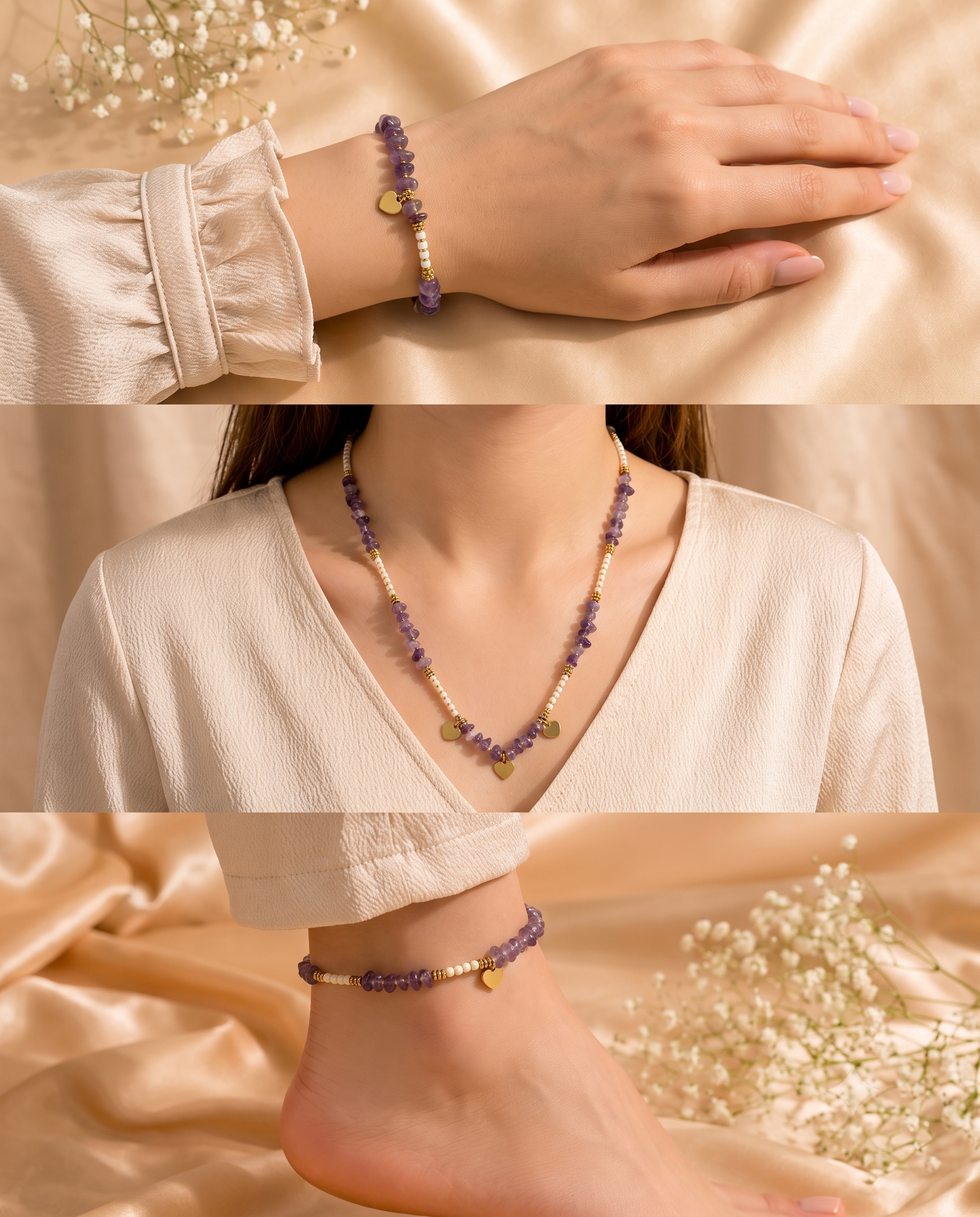 Amethyst Heart Charm Jewelry Set – Natural Stone Necklace, Bracelet &amp; Anklet | Gold-Plated | Anti-Tarnish | Waterproof