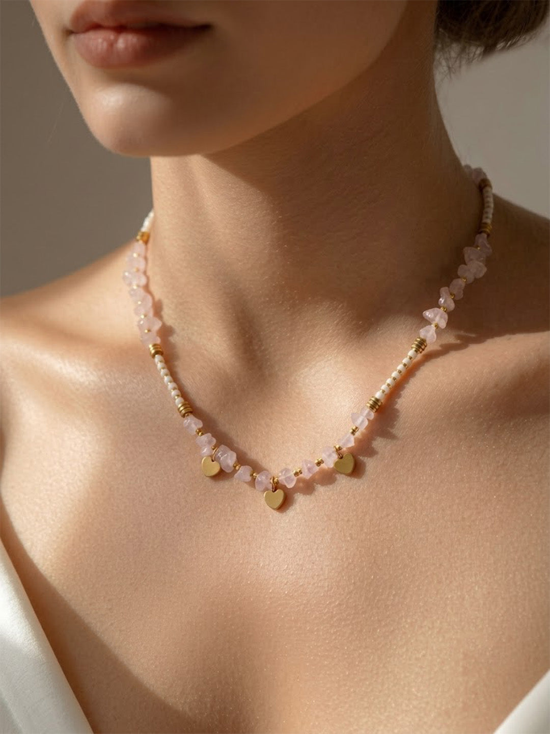 Rose Quartz Heart Charm Beaded Necklace – Gold-Tone Dainty Necklace