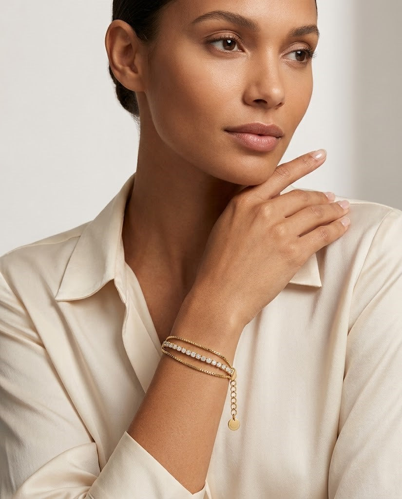 Layered Tennis Bracelet - Gold Finish with Sparkling Pavé Accents