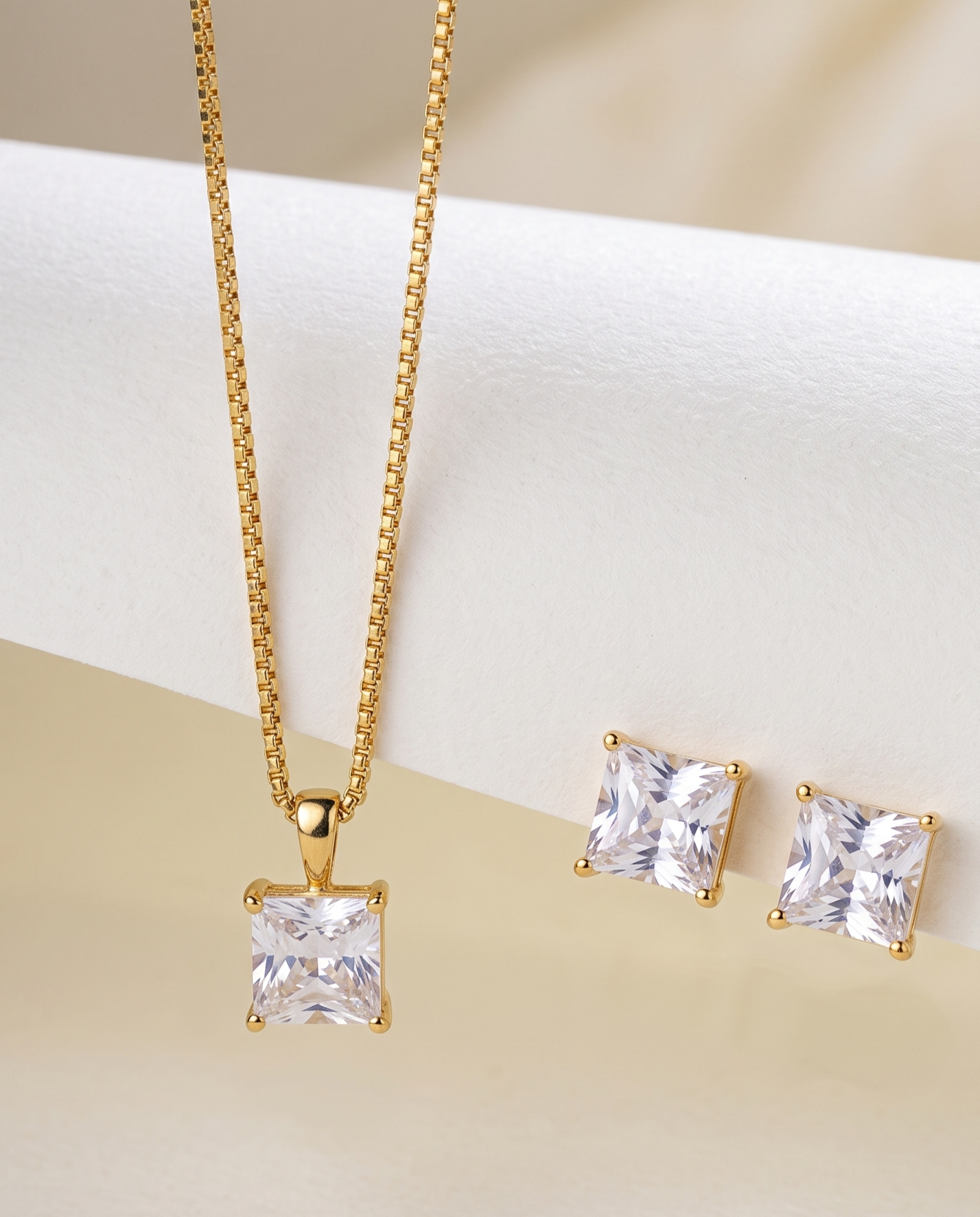 Elegant Princess Cut Crystal Pendant Necklace &amp; Stud Earrings Set | Gold-Plated Minimalist Jewelry for Women