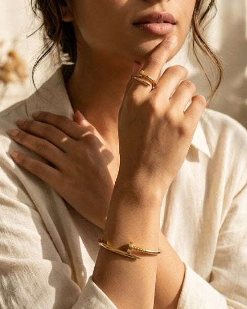 Minimalist Gold Nail Bracelet &amp; Adjustable Nail Ring Set for Women