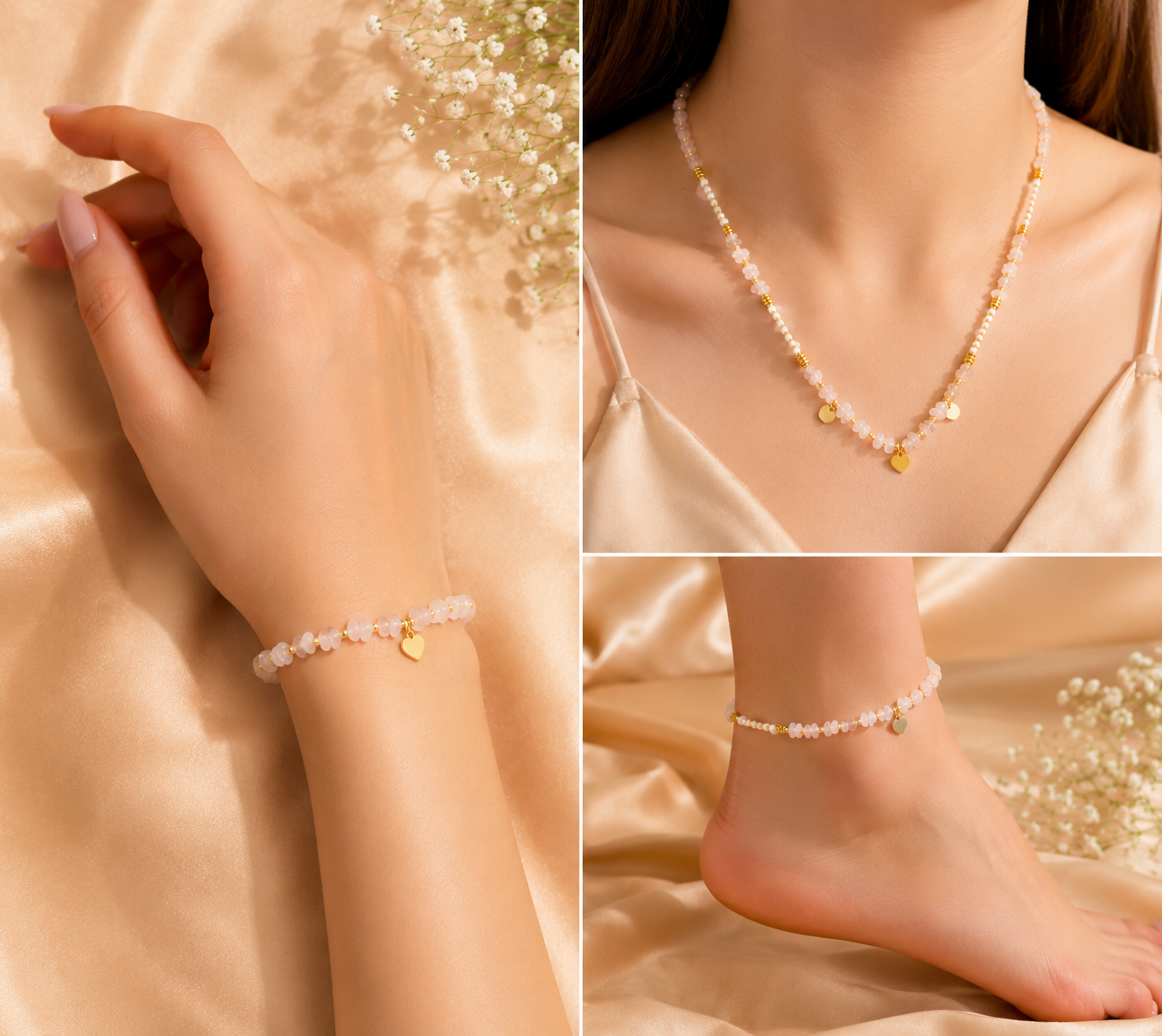 Rose Quartz Heart Charm Jewelry Set – Natural Stone Necklace, Bracelet &amp; Earrings | Gold-Plated | Anti-Tarnish | Waterproof