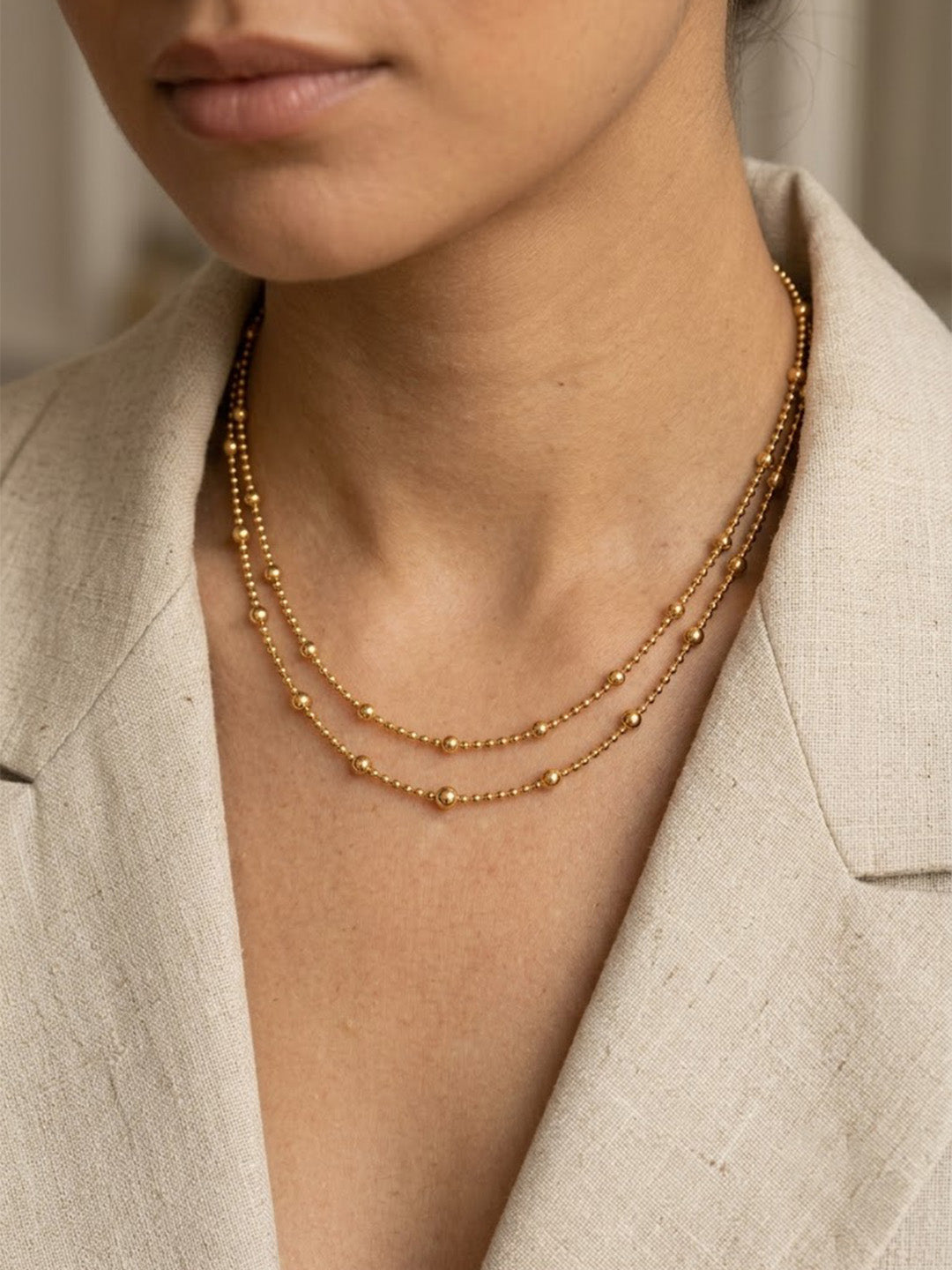 Prifine minimalist double layer gold beaded necklace for women, adjustable layered chain with anti-tarnish finish, dainty jewelry.