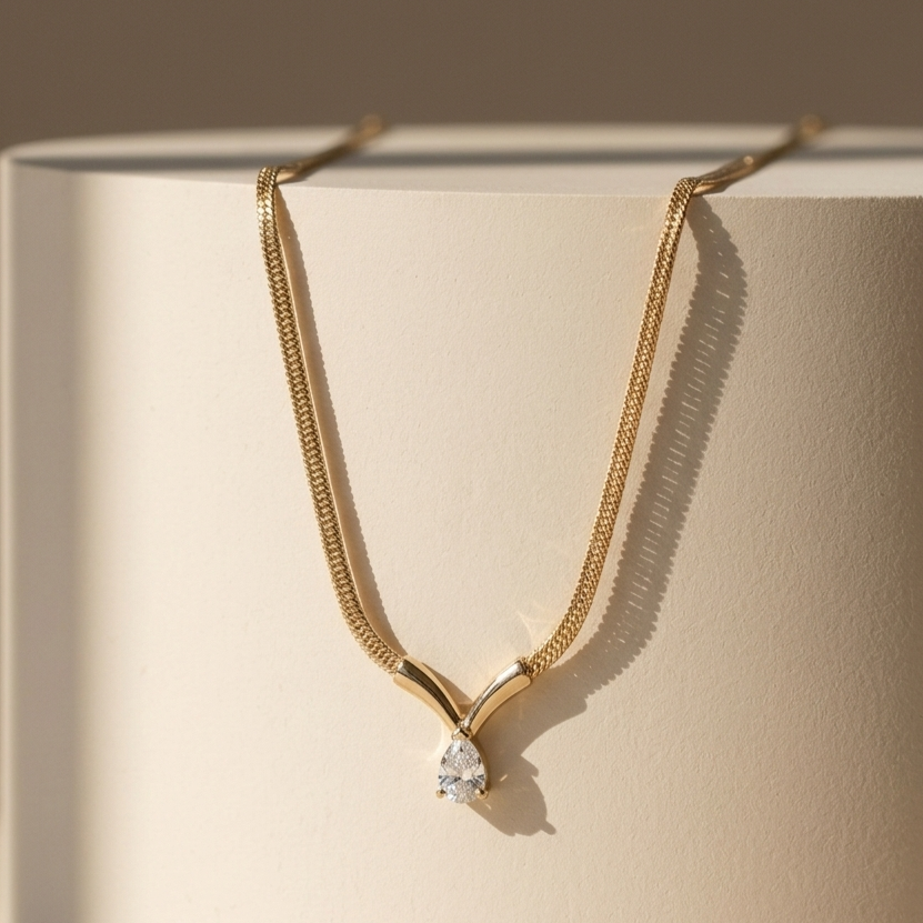 Prifine 18k gold plated teardrop pendant herringbone necklace showcasing a sleek, shiny teardrop charm on a herringbone chain