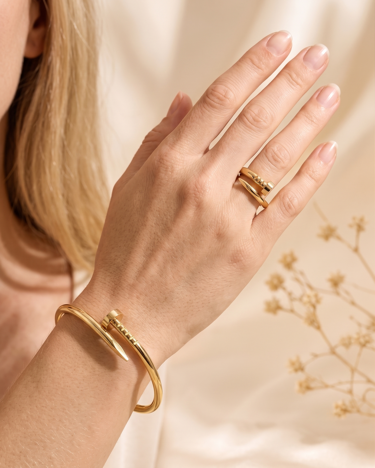 Minimalist Gold Nail Bracelet &amp; Adjustable Nail Ring Set for Women