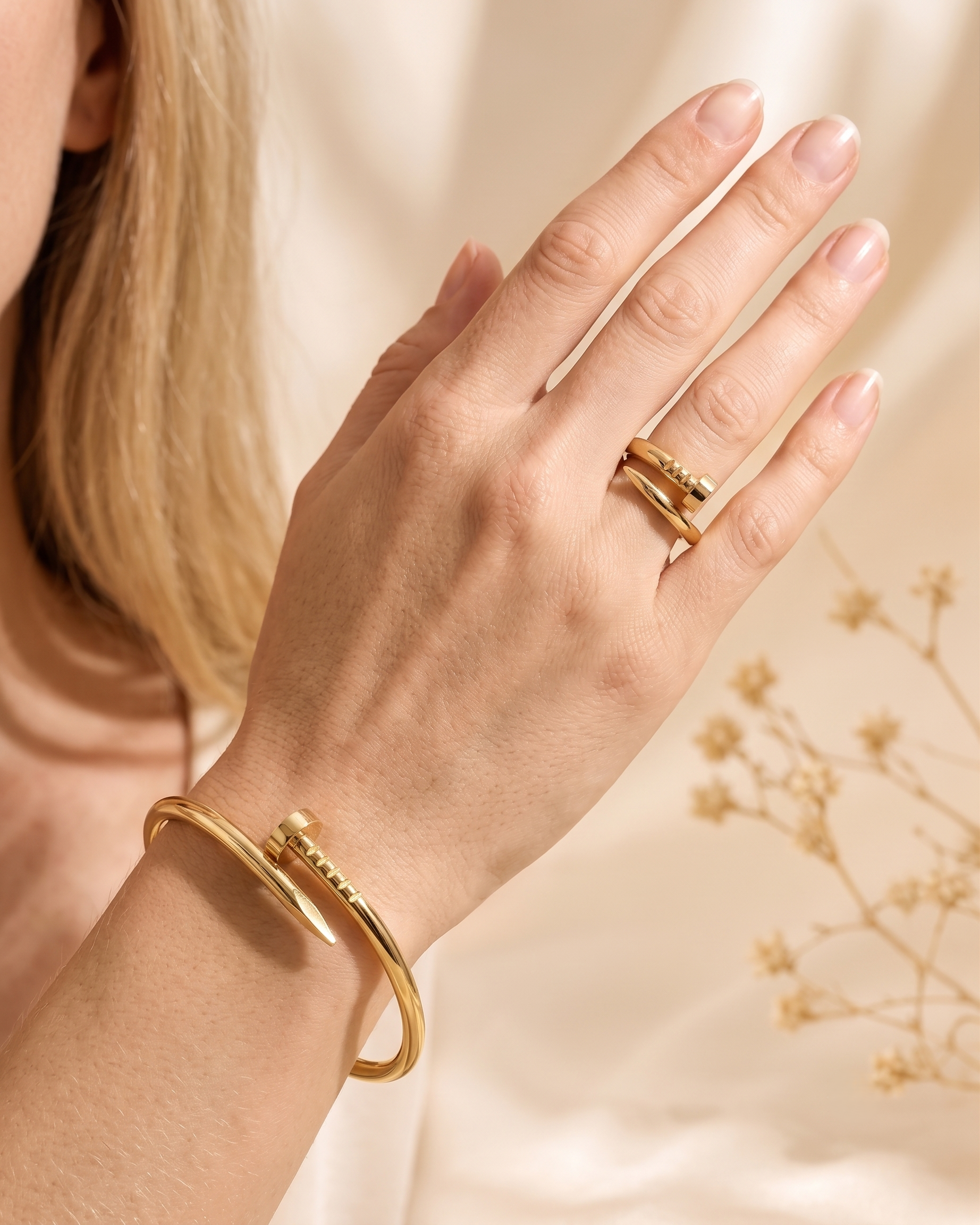 Minimalist Gold Nail Bracelet &amp; Adjustable Nail Ring Set for Women