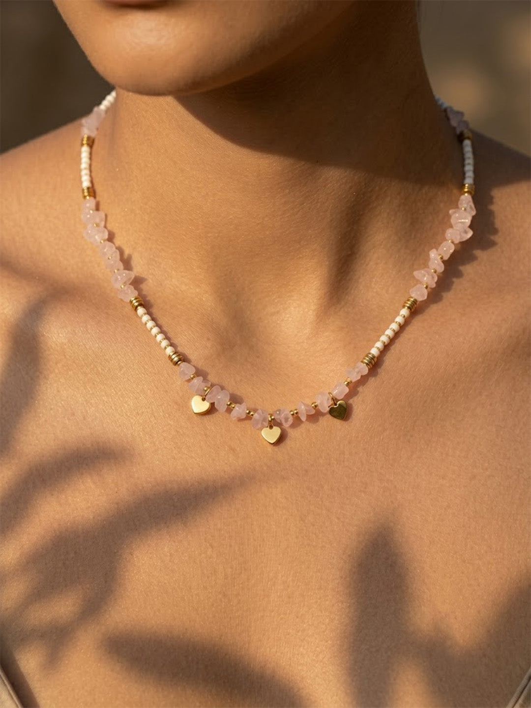 Rose Quartz Heart Charm Beaded Necklace – Gold-Tone Dainty Necklace