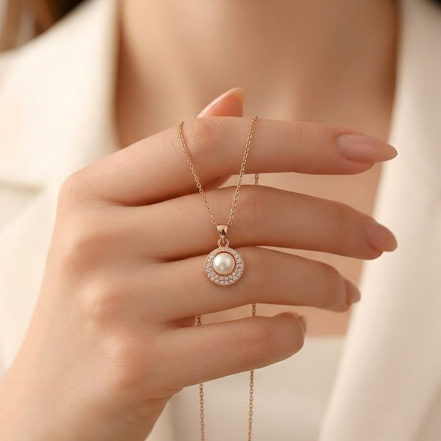 Prifine 18k gold plated pearl halo pendant necklace featuring a central pearl surrounded by a delicate gold halo.