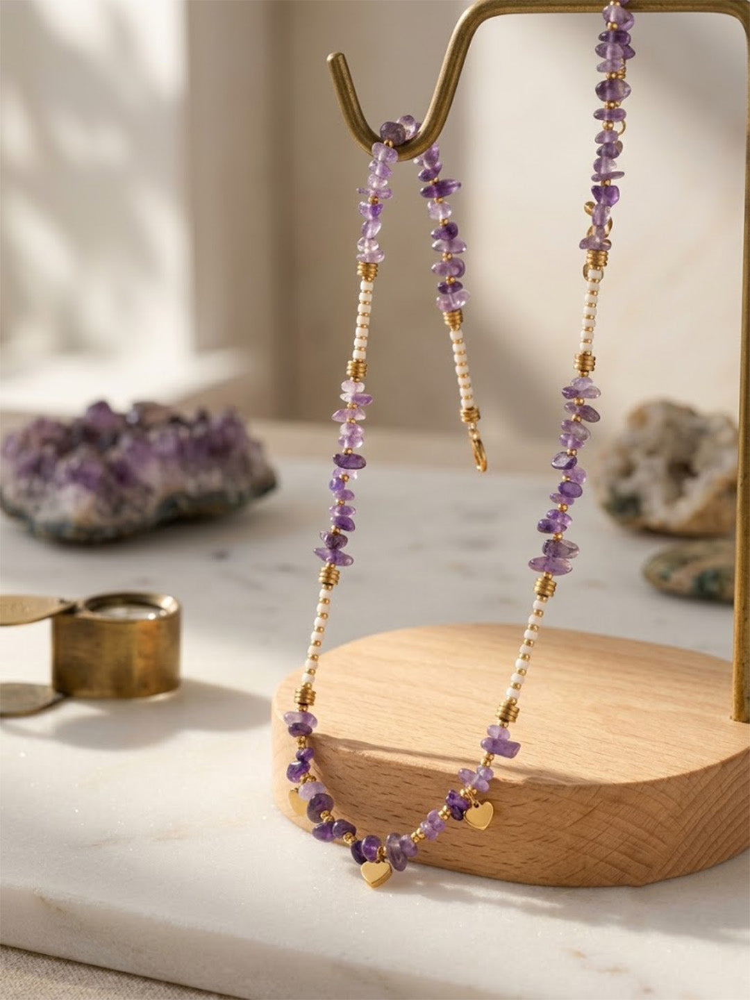 Boho Amethyst Crystal &amp; Triple Heart Pendant Necklace – Tarnish-Resistant Stainless Steel