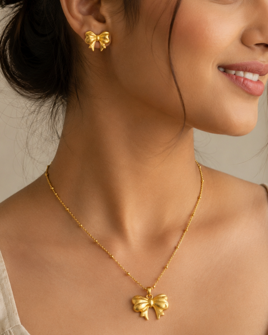 Gold Bow Pendant Necklace &amp; Stud Earrings Set for Women | Elegant Gold-Plated Bow Jewelry Set