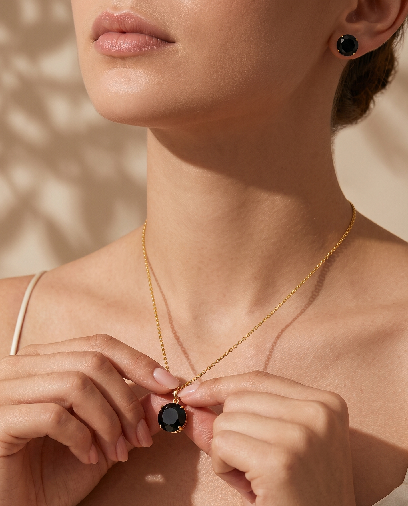 Black Crystal Pendant Necklace &amp; Stud Earrings Set for Women | Gold-Plated Elegant Jewelry Set